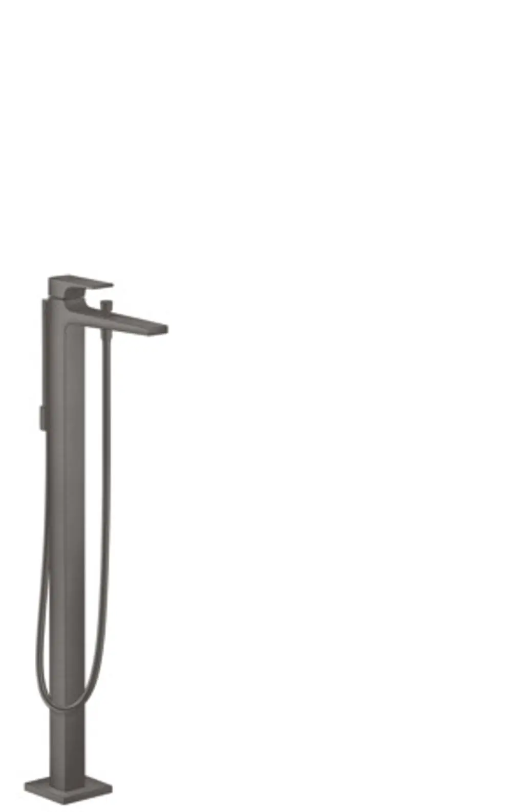 Bodenstehender Einhebel-Wannenmischer in schwarzer Ausführung von Hansgrohe mit einem Hebelgriff, präsentiert auf hellem Hintergrund.